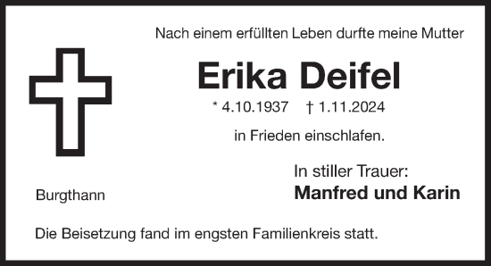 Traueranzeige von Erika Deifel von Der Bote