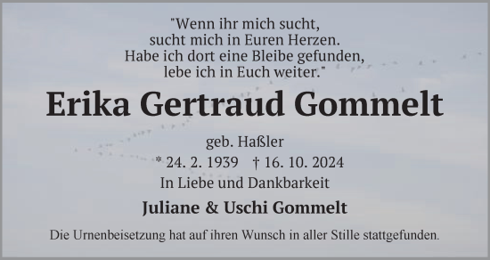 Traueranzeige von Erika Gertraud Gommelt von Der Bote