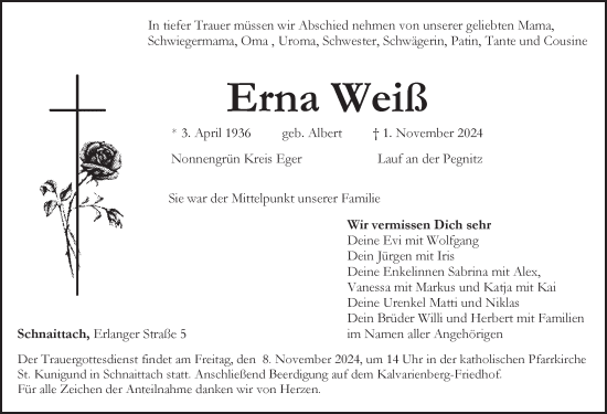 Traueranzeige von Erna Weiß von Pegnitz-Zeitung