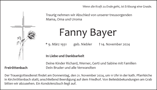 Traueranzeige von Fanny Bayer von Pegnitz-Zeitung