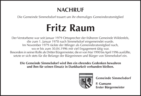 Traueranzeige von Fritz Raum von Pegnitz-Zeitung