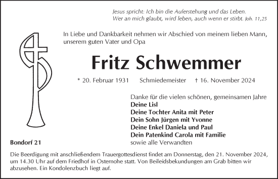Traueranzeige von Fritz Schwemmer von Pegnitz-Zeitung