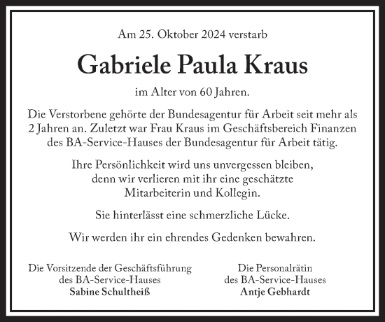 Traueranzeige von Gabriele Paula Kraus von Pegnitz-Zeitung