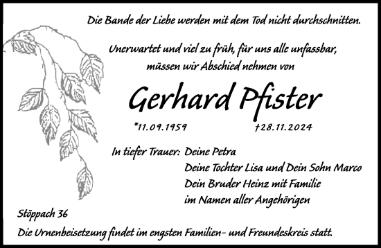 Traueranzeige von Gerhard Pfister von Hersbrucker Zeitung Lokal