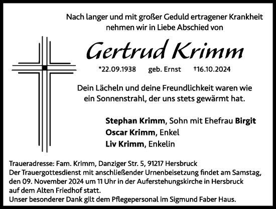 Traueranzeige von Gertrud Krimm von Hersbrucker Zeitung Lokal