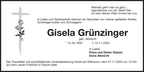 Traueranzeige von Gisela Grünzinger von Der Bote