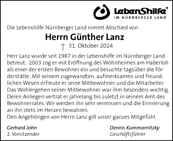 Traueranzeige von Günther Lanz von Hersbrucker Zeitung Lokal