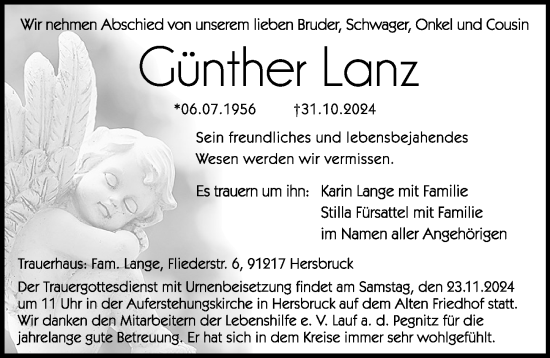 Traueranzeige von Günther Lanz von Hersbrucker Zeitung Lokal