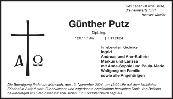 Traueranzeige von Günther Putz von Der Bote