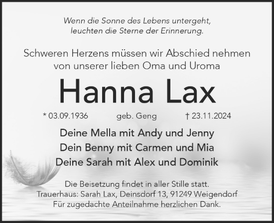 Traueranzeige von Hanna Lax von Hersbrucker Zeitung Lokal