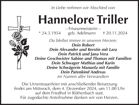 Traueranzeige von Hannelore Triller von Pegnitz-Zeitung