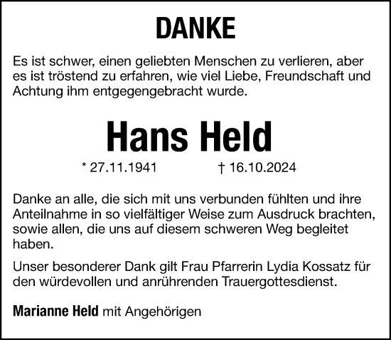 Traueranzeige von Hans Held von Hersbrucker Zeitung Lokal