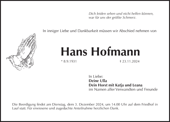 Traueranzeige von Hans Hofmann von Pegnitz-Zeitung