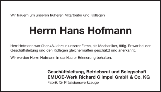 Traueranzeige von Hans Hofmann von Pegnitz-Zeitung