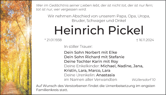Traueranzeige von Heinrich Pickel von Hersbrucker Zeitung Lokal