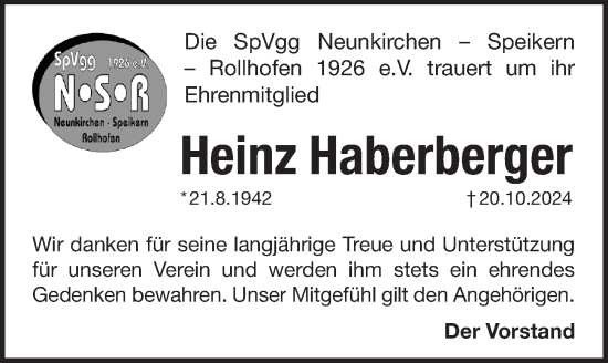 Traueranzeige von Heinz Haberberger von Pegnitz-Zeitung