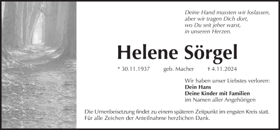 Traueranzeige von Helene Sörgel von Pegnitz-Zeitung