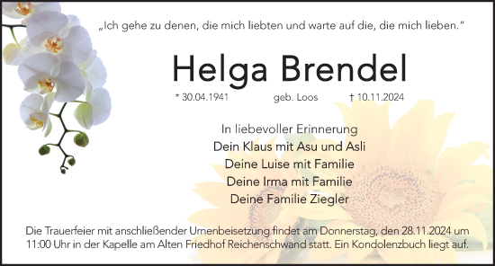 Traueranzeige von Helga Brendel von Hersbrucker Zeitung Lokal