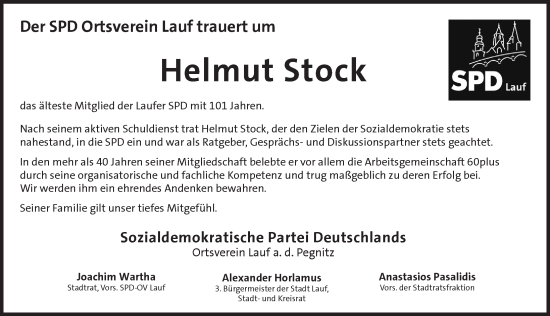 Traueranzeige von Helmut Stock von Pegnitz-Zeitung