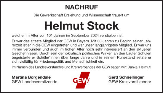 Traueranzeige von Helmut Stock von Pegnitz-Zeitung