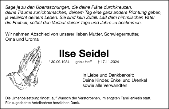 Traueranzeige von Ilse Seidel von Hersbrucker Zeitung Lokal