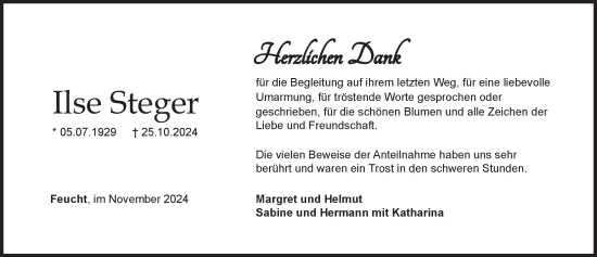 Traueranzeige von Ilse Steger von Der Bote