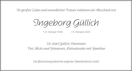 Traueranzeige von Ingeborg Güllich von Pegnitz-Zeitung