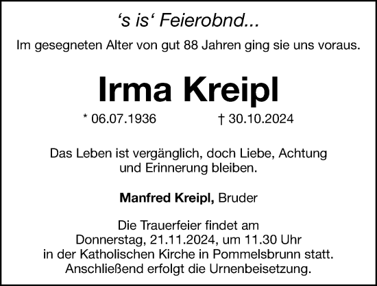Traueranzeige von Irma Kreipl von Hersbrucker Zeitung Lokal