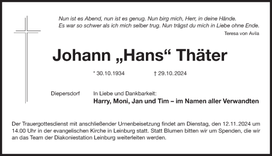 Traueranzeige von Johann Thäter von Der Bote
