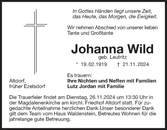 Traueranzeige von Johanna Wild von Der Bote