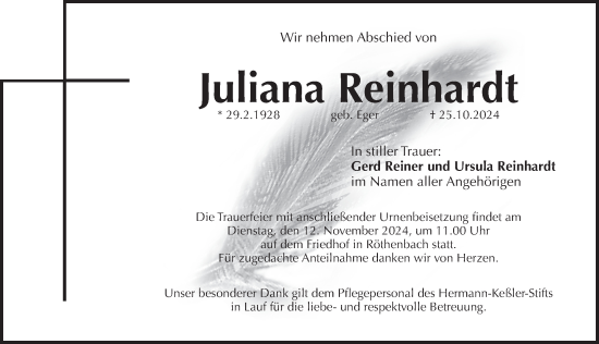 Traueranzeige von Juliana Reinhardt von Pegnitz-Zeitung