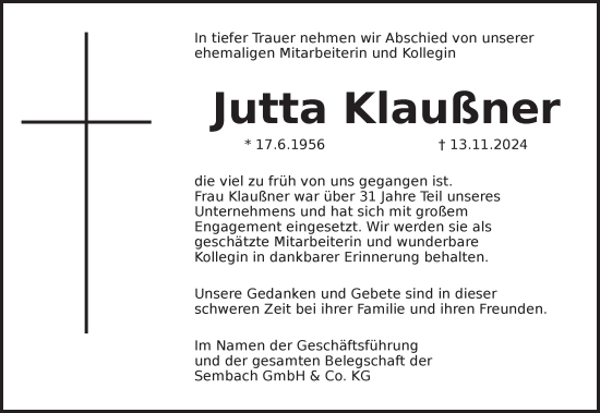 Traueranzeige von Jutta Klaußner von Pegnitz-Zeitung