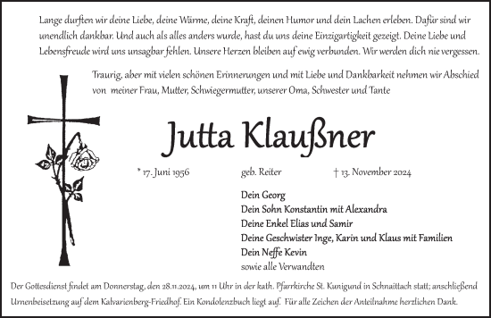 Traueranzeige von Jutta Klaußner von Pegnitz-Zeitung