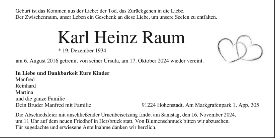 Traueranzeige von Karl-Heinz Raum von Hersbrucker Zeitung Lokal
