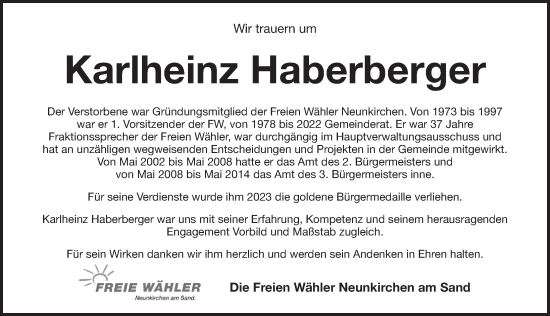 Traueranzeige von Karlheinz Haberberger von Pegnitz-Zeitung