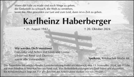 Traueranzeige von Karlheinz Haberberger von Hersbrucker Zeitung Lokal