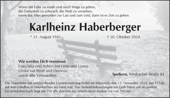 Traueranzeige von Karlheinz Haberberger von Pegnitz-Zeitung