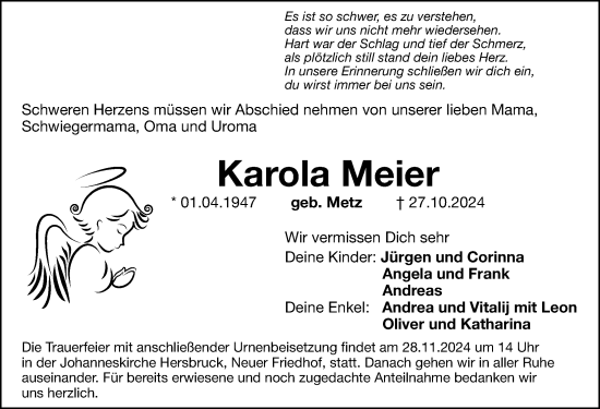 Traueranzeige von Karola Meier von Hersbrucker Zeitung Lokal