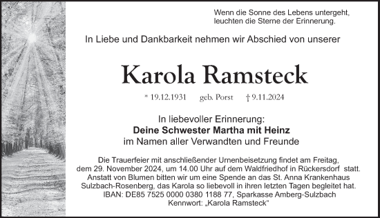 Traueranzeige von Karola Ramsteck von Pegnitz-Zeitung