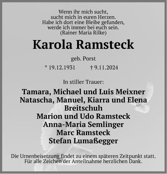 Traueranzeige von Karola Ramsteck von Pegnitz-Zeitung
