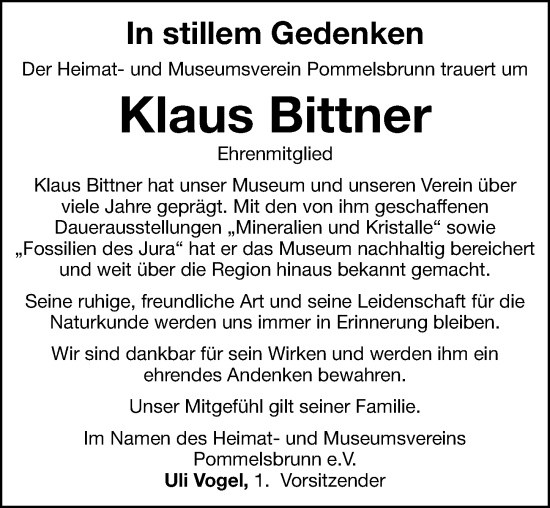 Traueranzeige von Klaus Bittner von Hersbrucker Zeitung Lokal