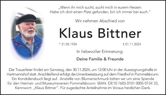 Traueranzeige von Klaus Bittner von Hersbrucker Zeitung Lokal
