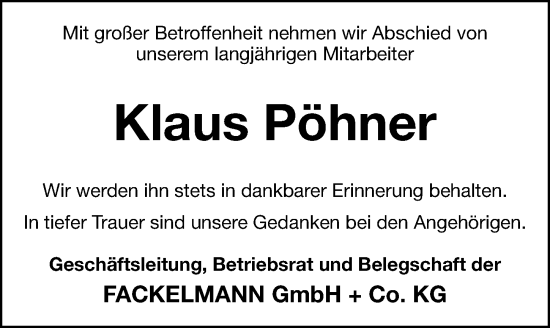Traueranzeige von Klaus Pöhner von Hersbrucker Zeitung Lokal