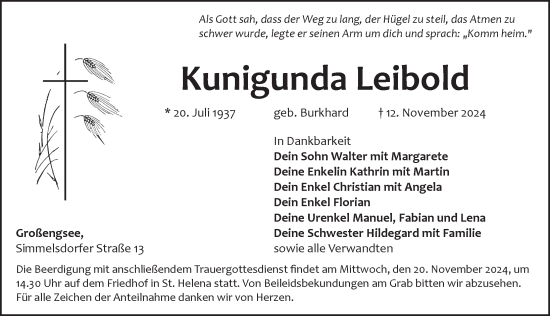 Traueranzeige von Kunigunda Leibold von Pegnitz-Zeitung