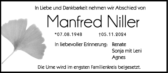 Traueranzeige von Manfred Niller von Hersbrucker Zeitung Lokal