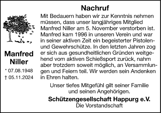 Traueranzeige von Manfred Niller von Hersbrucker Zeitung Lokal