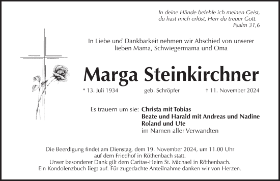 Traueranzeige von Marga Steinkirchner von Pegnitz-Zeitung
