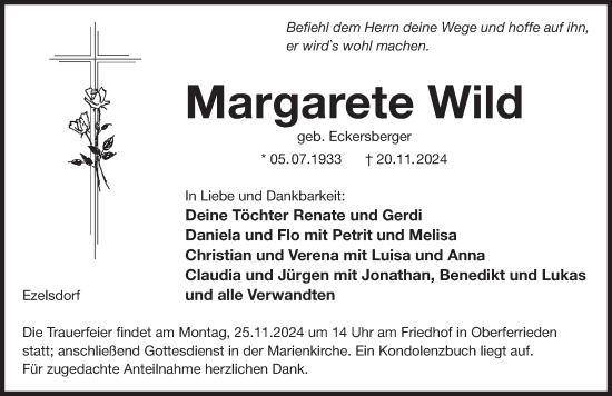 Traueranzeige von Margarete Wild von Der Bote