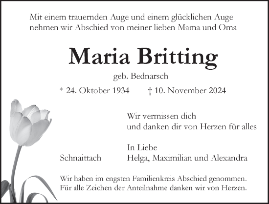 Traueranzeige von Maria Britting von Pegnitz-Zeitung