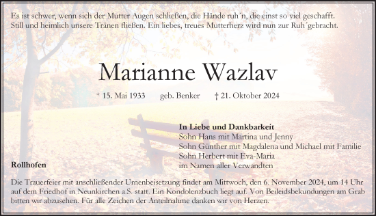 Traueranzeige von Marianne Wazlav von Pegnitz-Zeitung